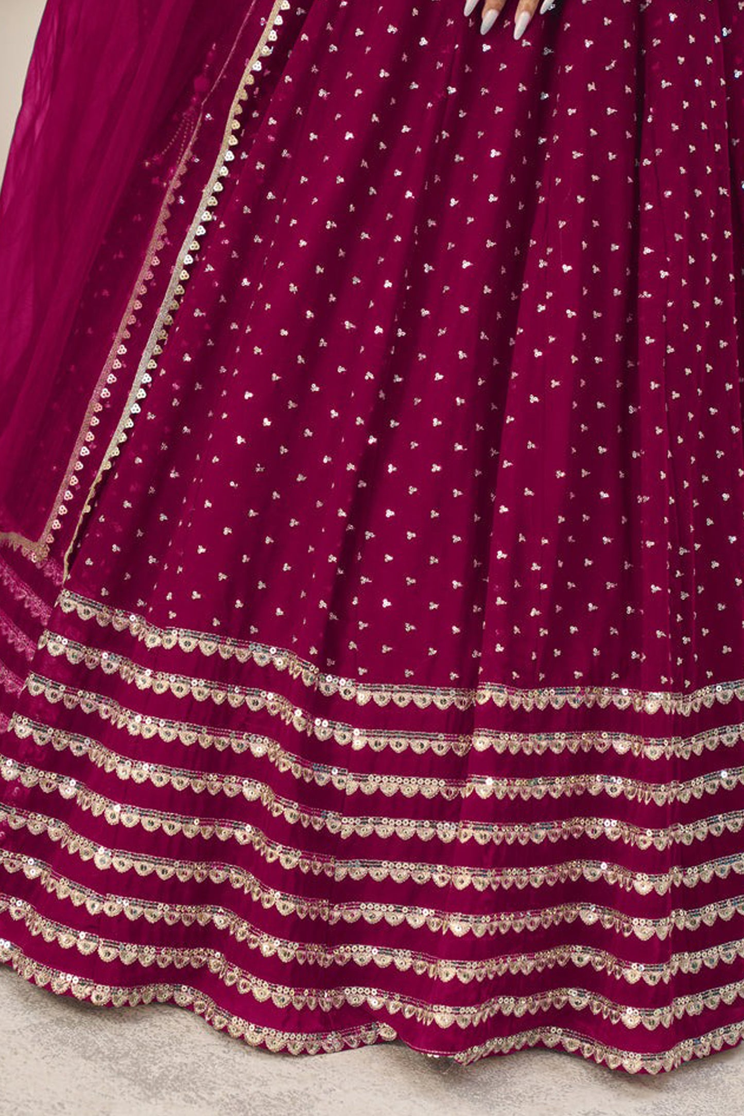 Georgette pink lehenga fabric texture detail