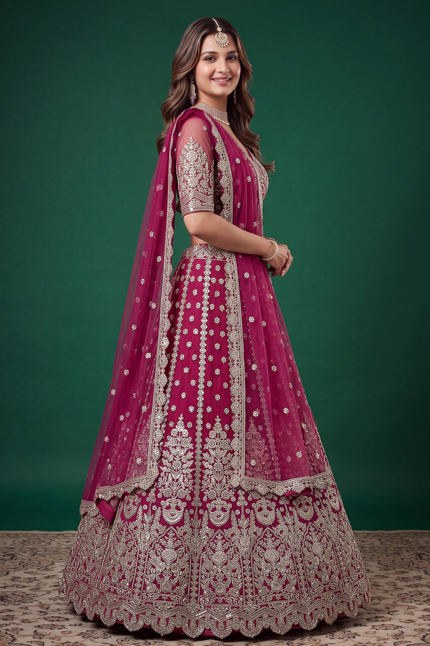 Side view of pink lehenga choli with embroidered details