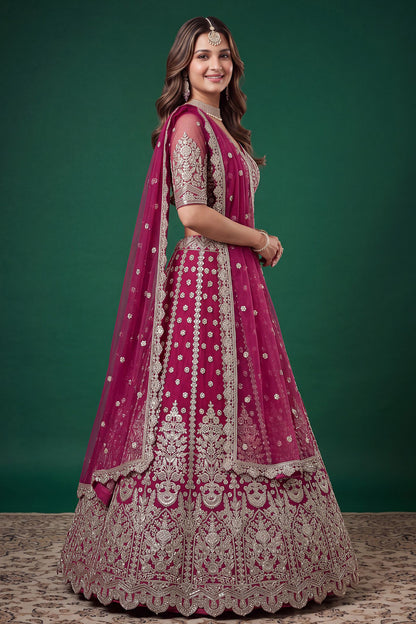 Side view of pink lehenga choli with embroidered details