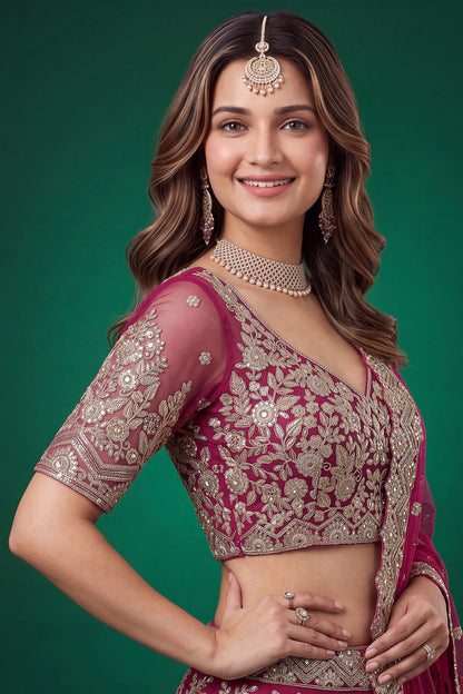 Side view of pink lehenga choli with embroidered details