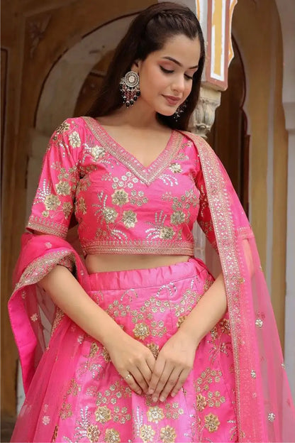 Pink Lehenga Choli with zari dori and sequins embroidery work