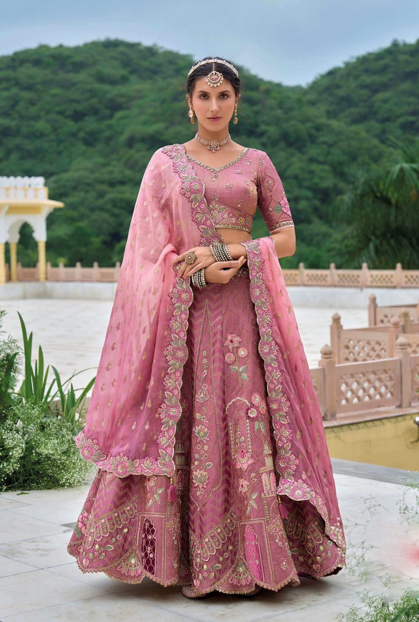 festive styling of pink and blue lehenga tones
