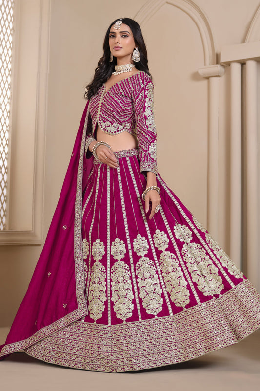 Pink lehenga front view with embroidered detailing