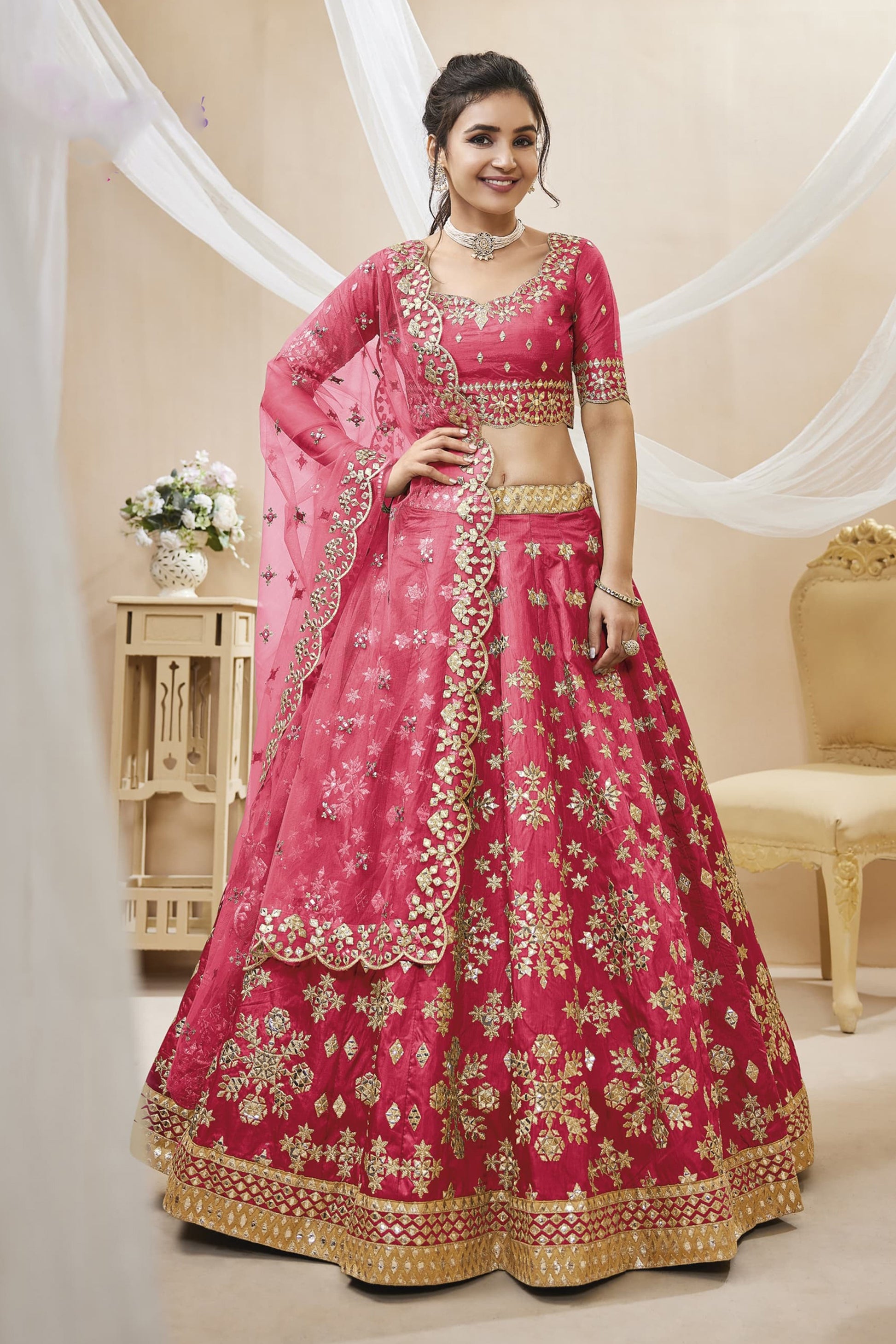 pink lehenga full front view with sequins work