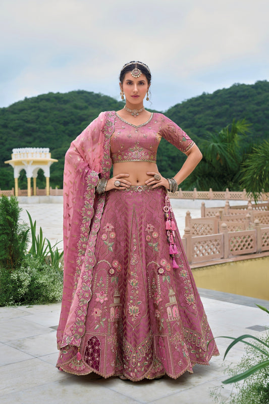 pink lehenga front view with satin sheen and embroidery