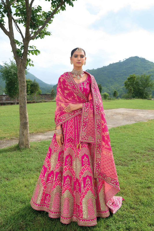 Pink lehenga choli full front view with embroidered silk texture