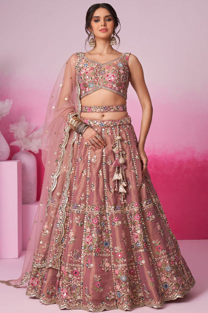 pink lehenga full front view with embroidered net design