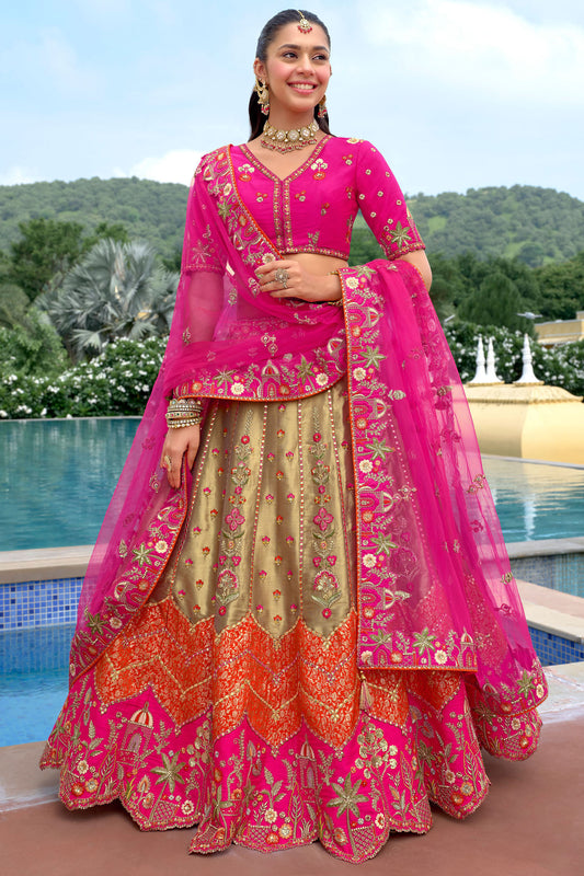 Pink lehenga front view with embroidery and mirror work