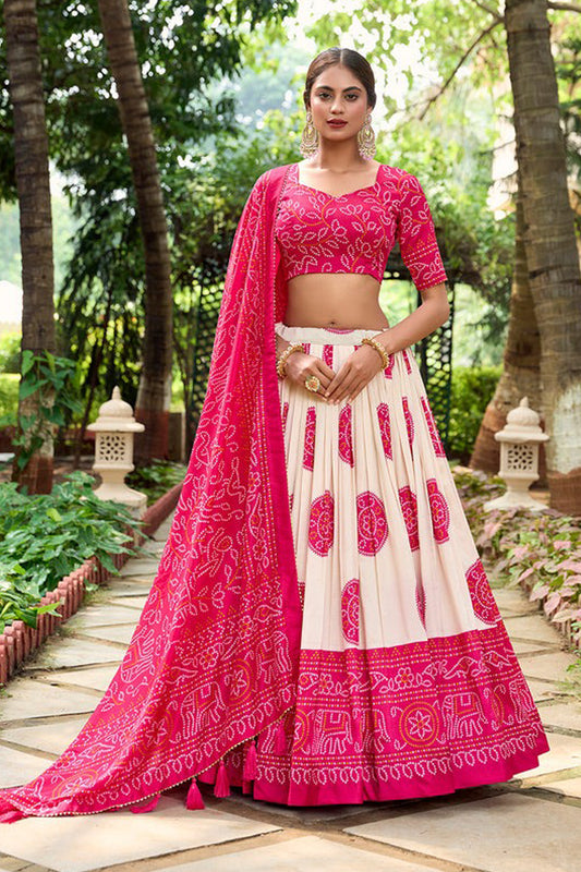 Pink lehenga front view in tussar silk with Bandheji print