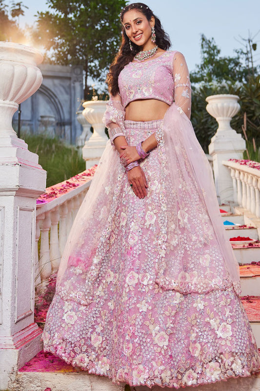 pink lehenga with sequins embroidery front view