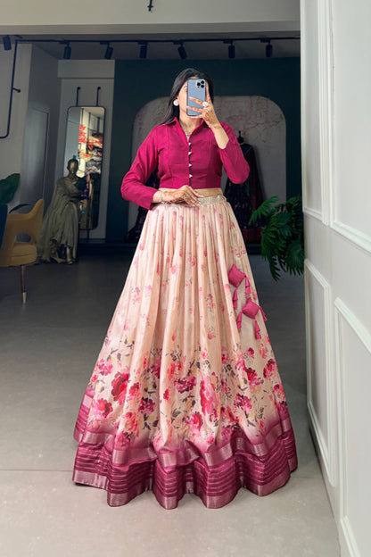 Foil print design detail on pink color lehenga