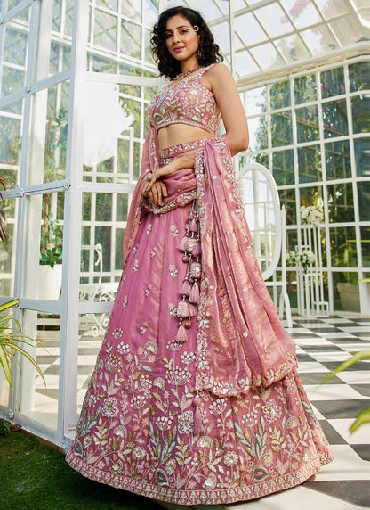 pastel pink lehenga choli elegant drape side profile