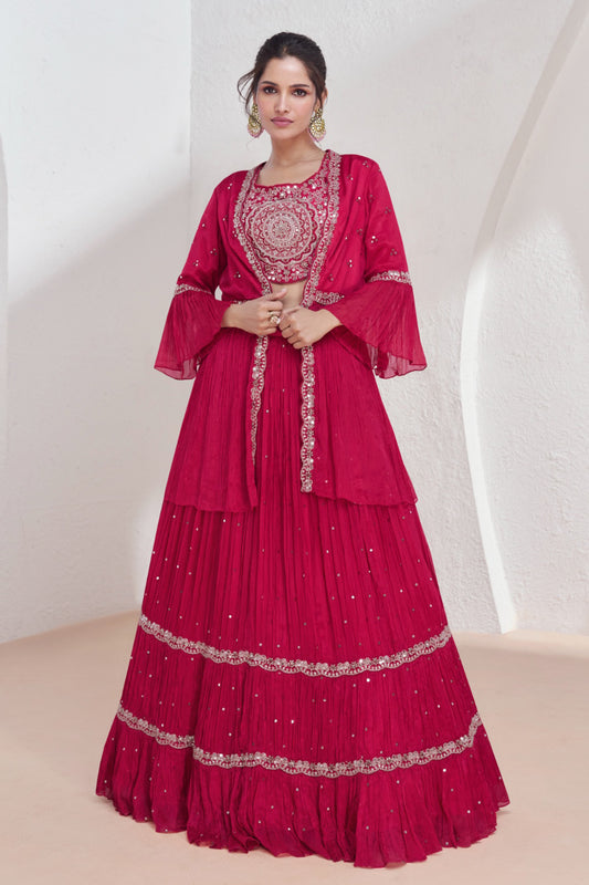 pink lehenga front view with embroidered detailing