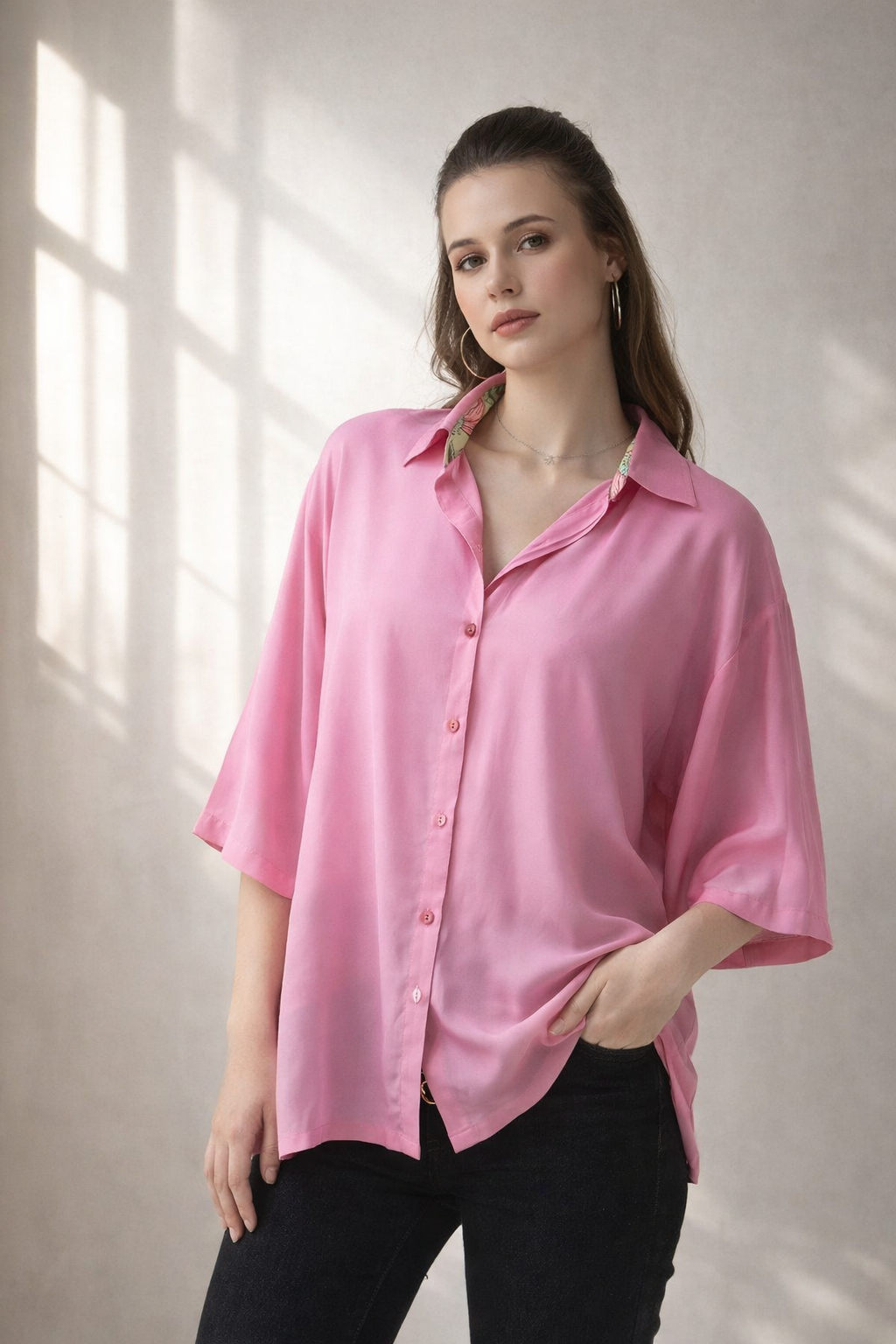office wear light pink shirt women button front detail