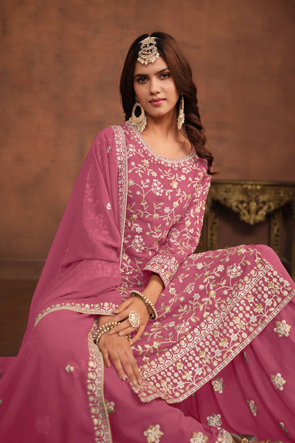Pink palazzo suit outfit styled with dupatta, full outfit shot