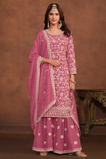 Front view of pink palazzo suit with embroidered dupatta