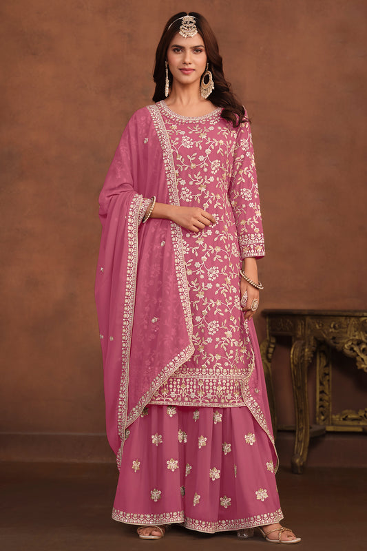 Front view of pink palazzo suit with embroidered dupatta