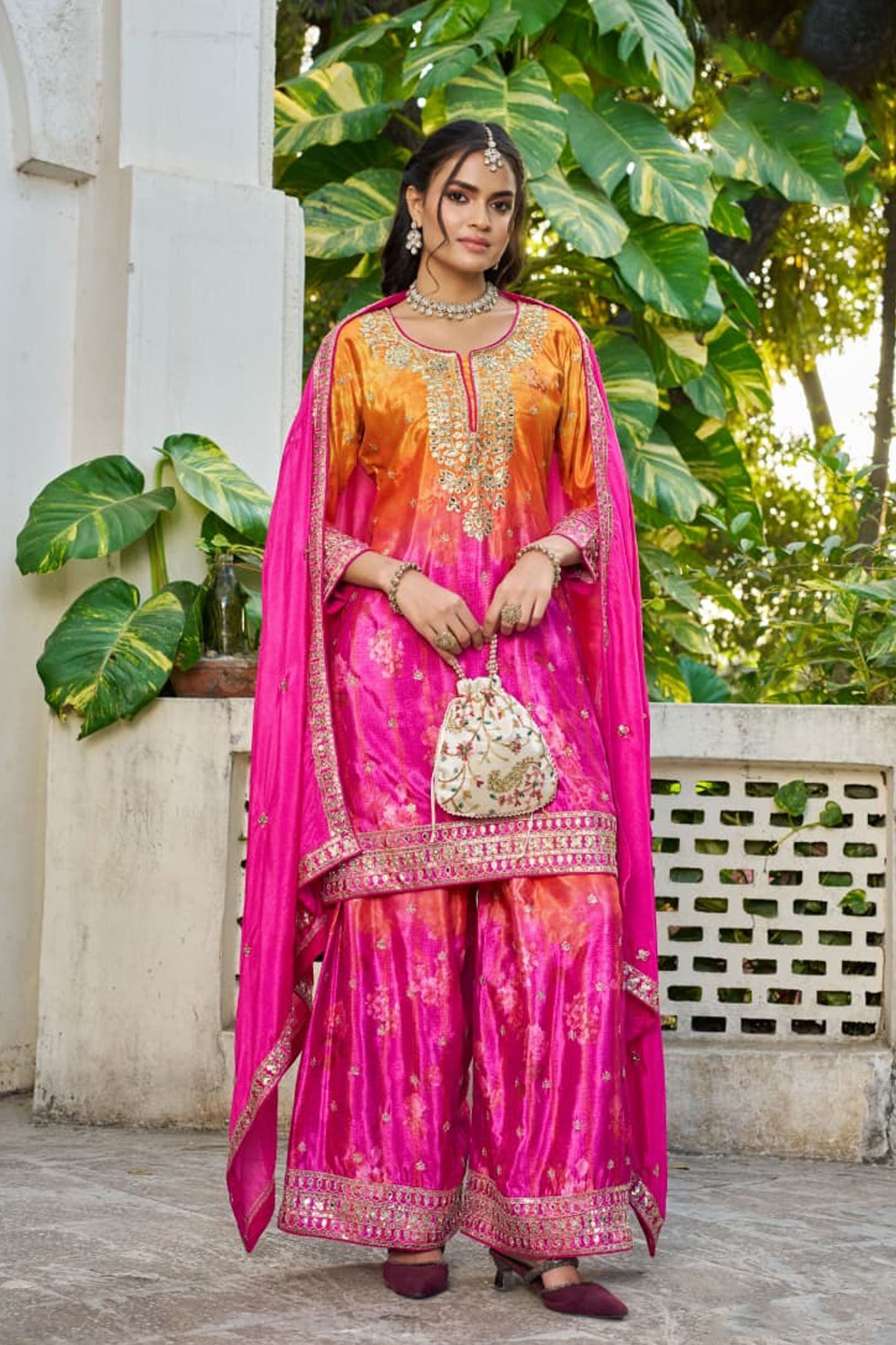 Pink Palazzo Suit with back side full work detail