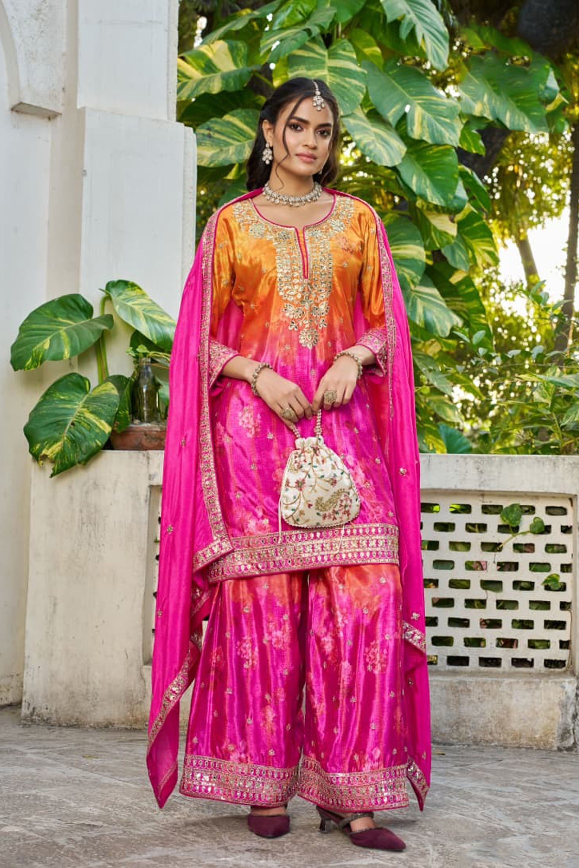 Pink Palazzo Suit with back side full work detail