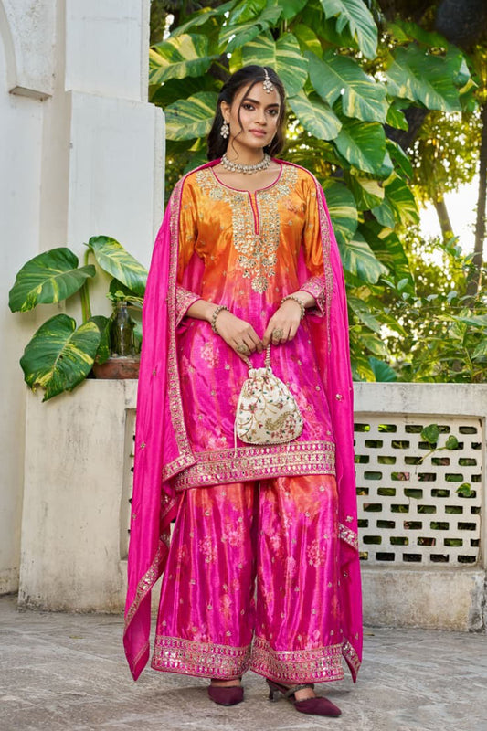 Pink Palazzo Suit with back side full work detail