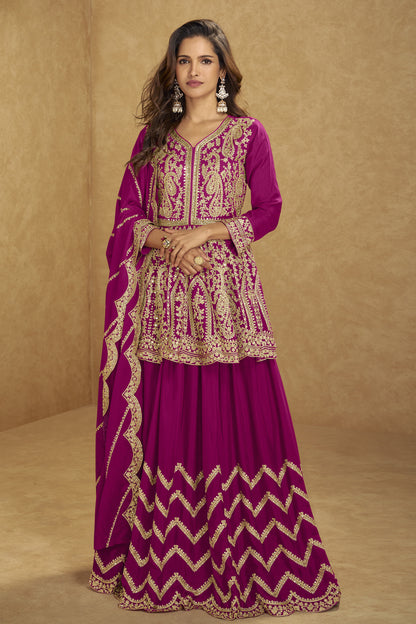 Pink plazo dress front view with embroidered top and matching dupatta
