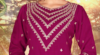 Pink plazzo dress front view with embroidered top and matching dupatta
