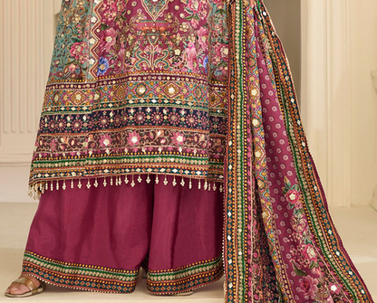 Pink plazzo suit with printed and embroidered details