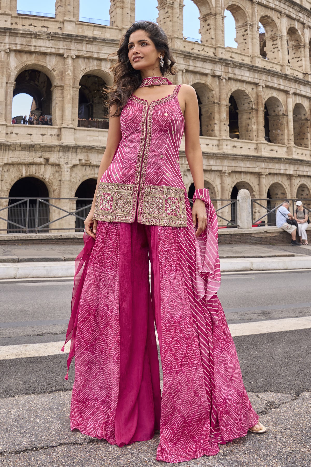 Pink plazzo suit front view with embroidered top and matching dupatta