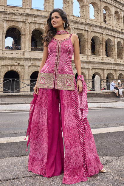 Pink plazzo suit front view with embroidered top and matching dupatta