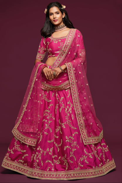 Pink reception lehenga full front view with embroidery
