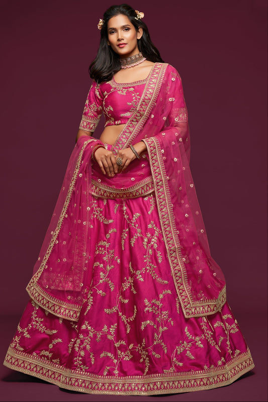 Pink reception lehenga full front view with embroidery