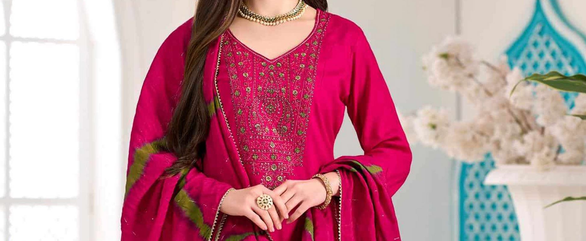 Embroidery work on dusky pink salwar kameez set