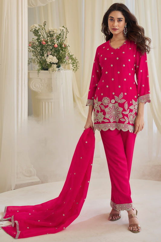 Pink salwar kameez front view with beads embroidery