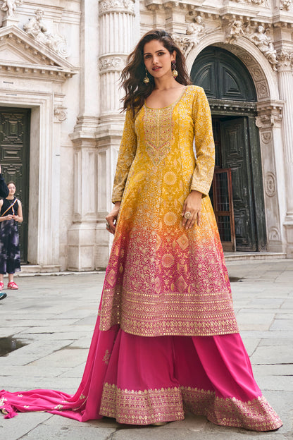 Front view of pink sharara suit set