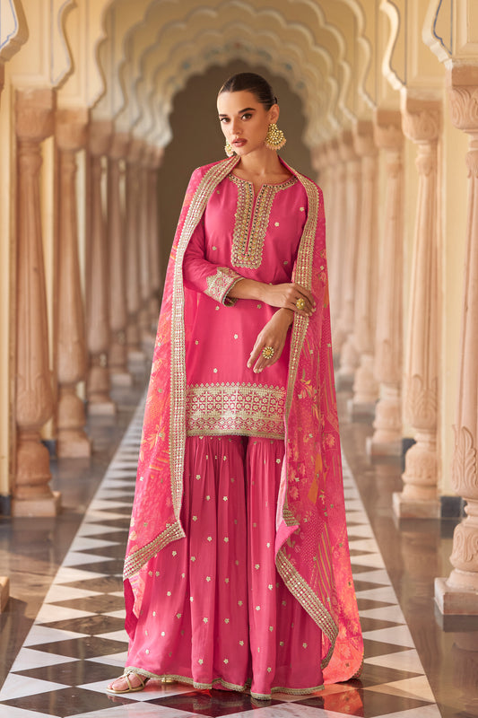 Pink salwar kameez sharara front view with embroidery