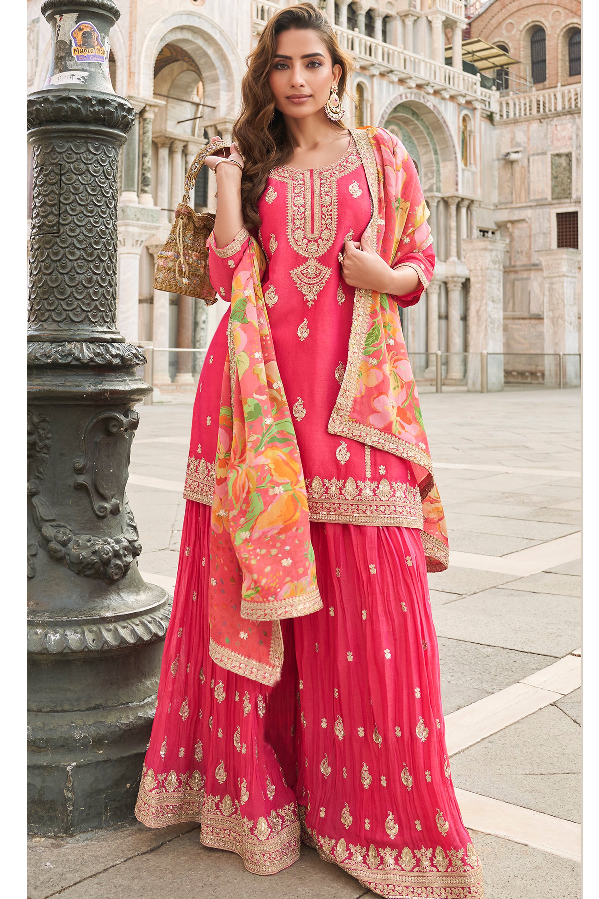 Pink salwar kameez sharara suit front view with embroidery