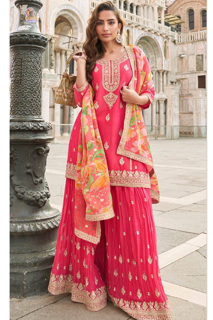 Pink salwar kameez sharara suit front view with embroidery
