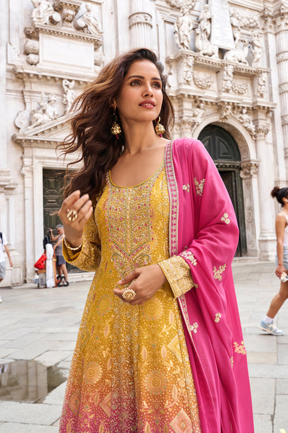 Pink salwar kameez front view with sharara
