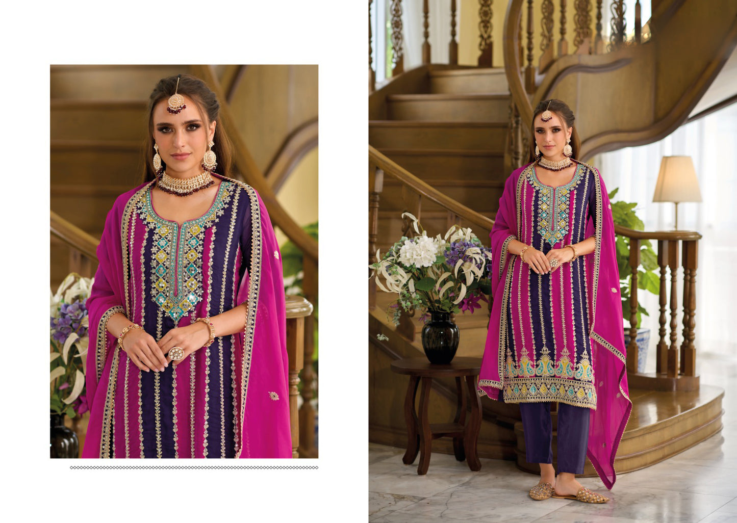 Close-up of neckline detailing on pink salwar kameez