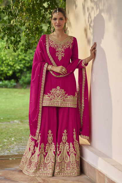 Pink Sharara for Women's front view with embroidered top and dupatta