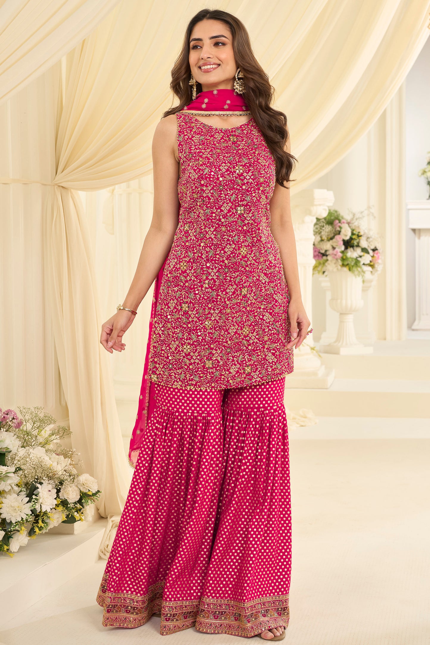 Pink sharara outfit full front look with wide leg sharara