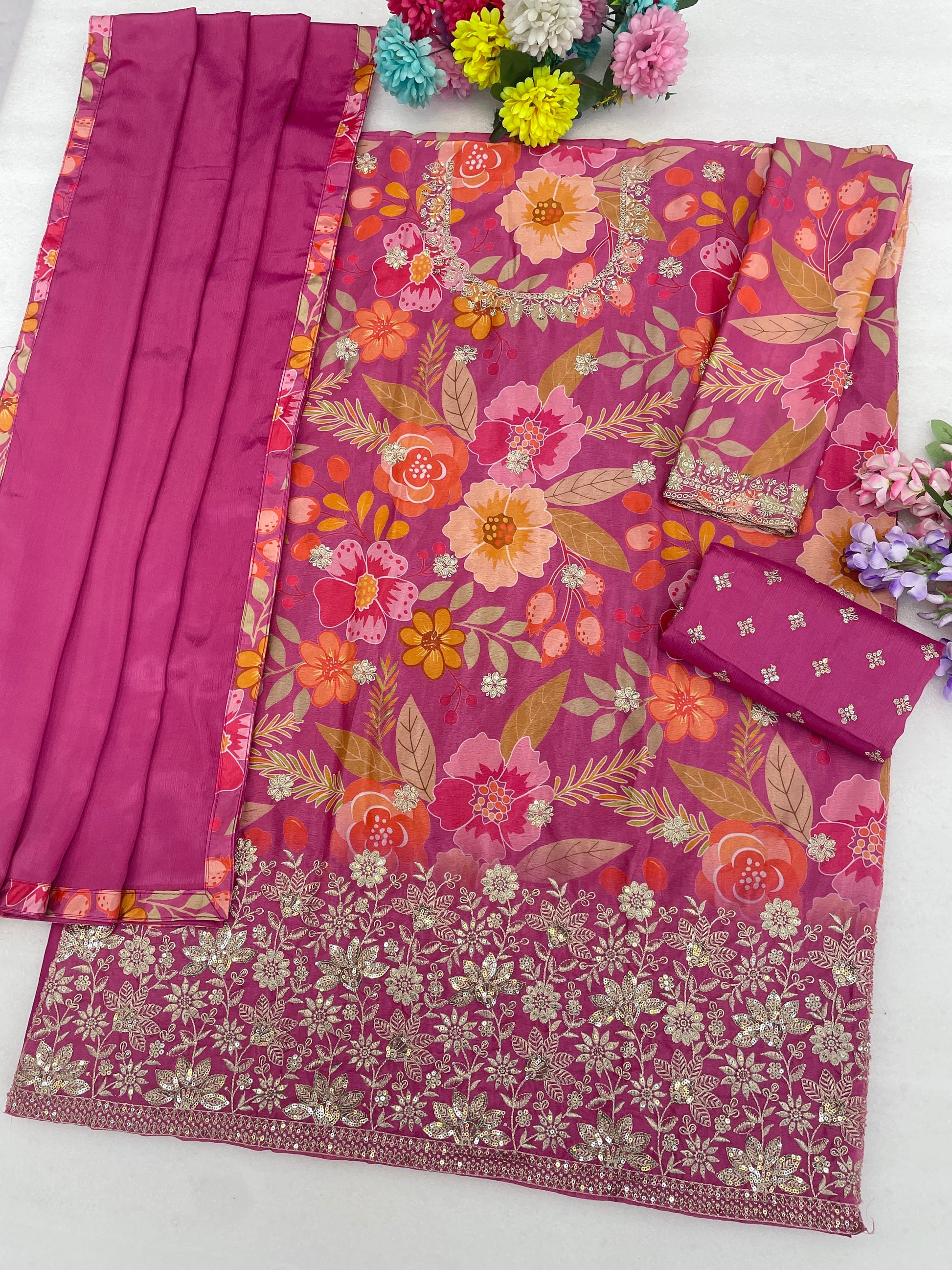Embroidered hem detail on pink kameez
