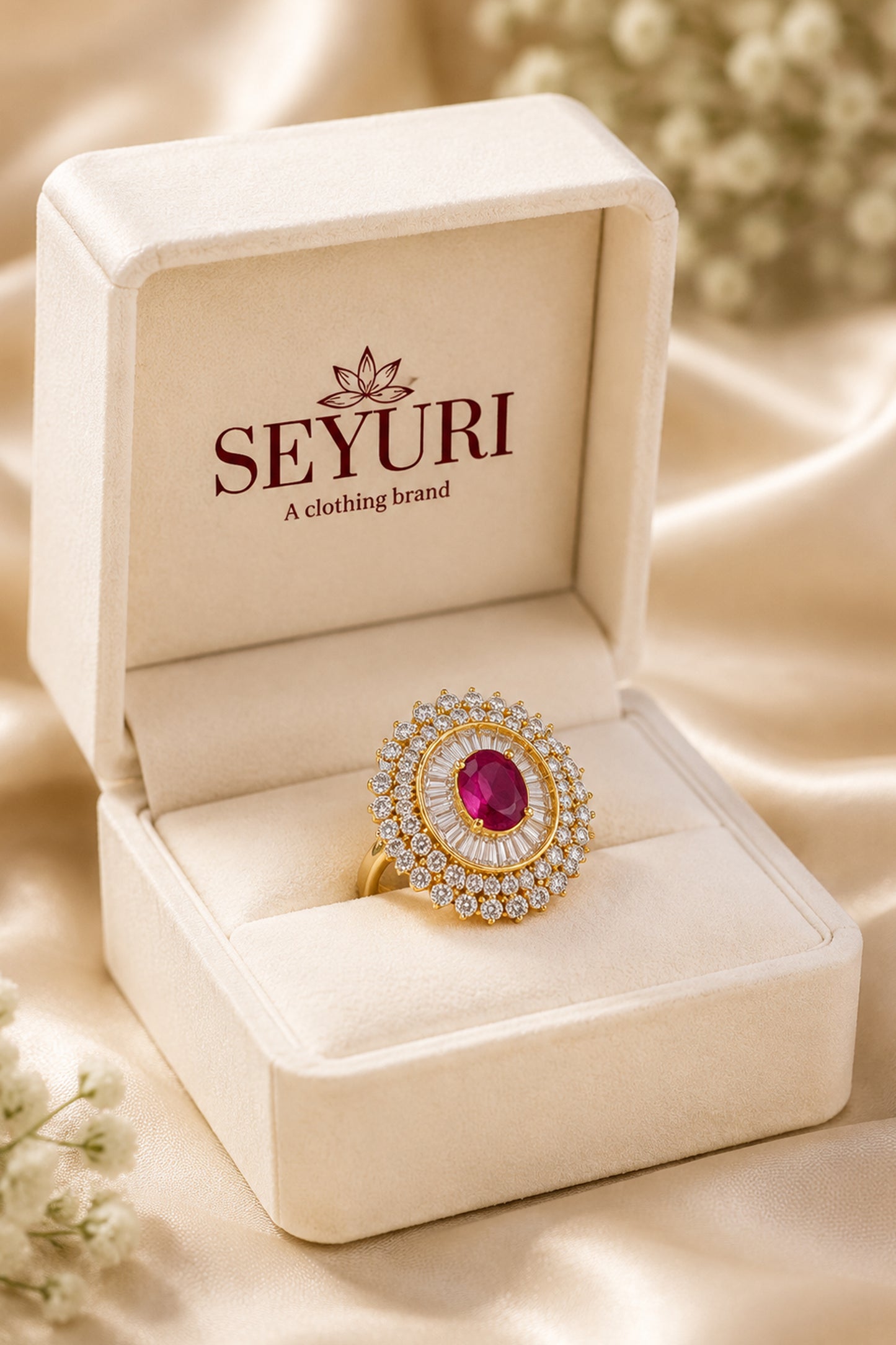 Pink center stone style ring displayed on luxury fabric background