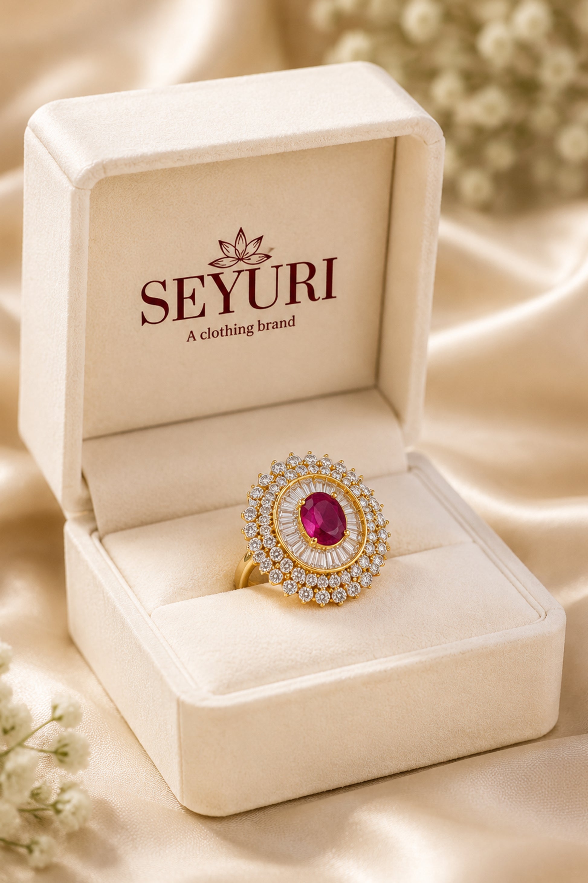 Pink center stone style ring displayed on luxury fabric background