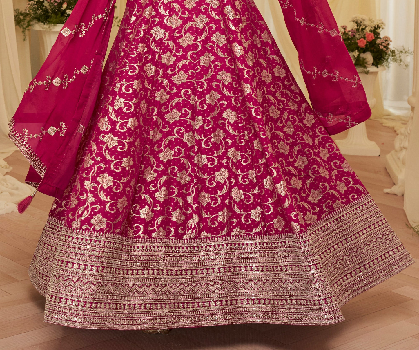 Matching pink jacquard silk dupatta shown beside anarkali dress