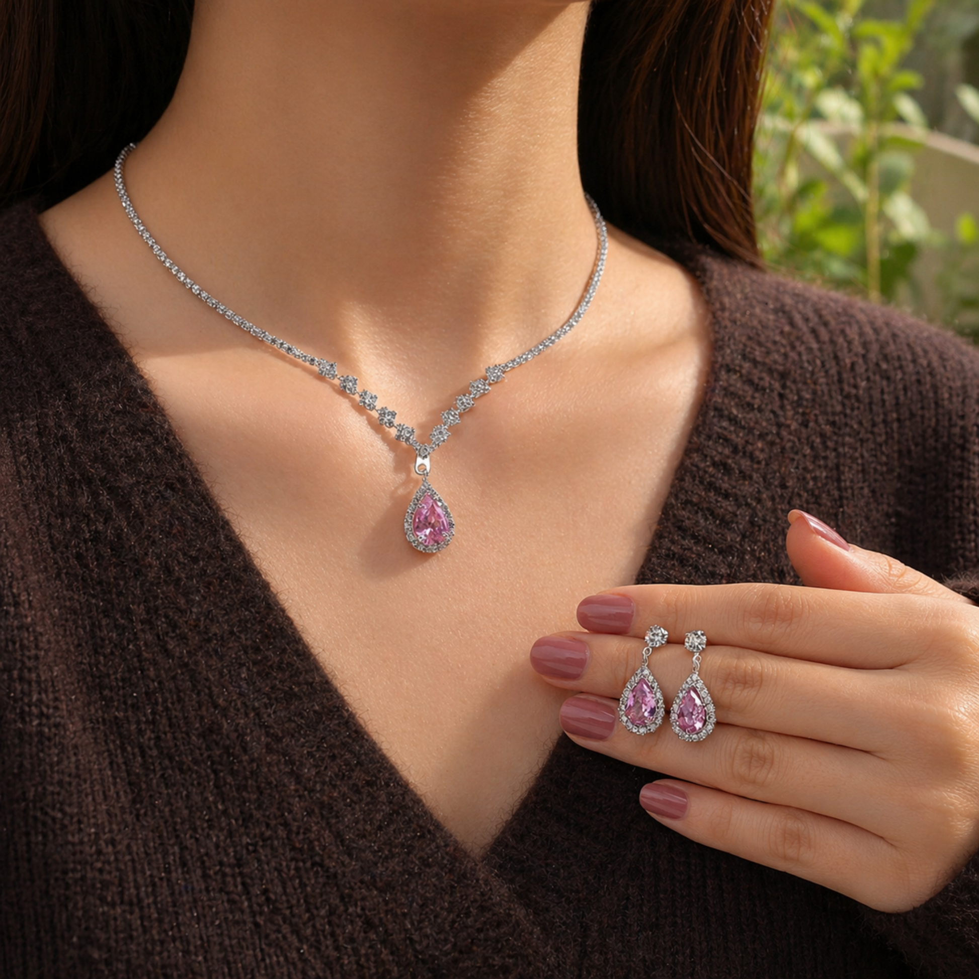 silver tone necklace with pink drop pendant