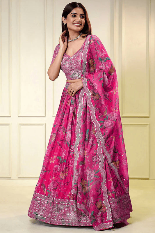 Pink traditional lehenga full front view with organza drape