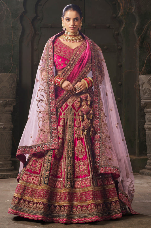 Pink velvet lehenga choli front view with embroidery