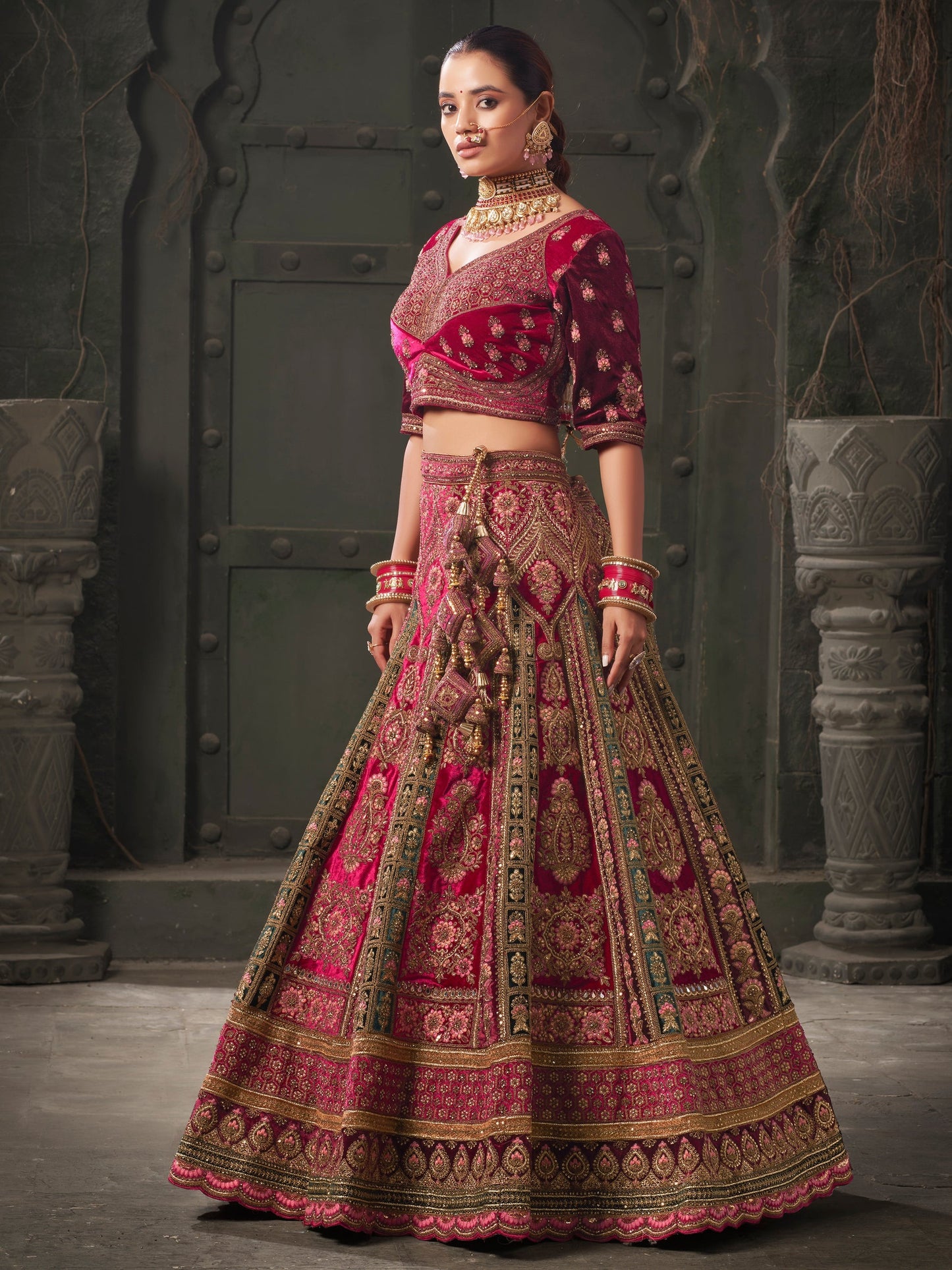 Sequin and stone work detail on lehenga choli fabric