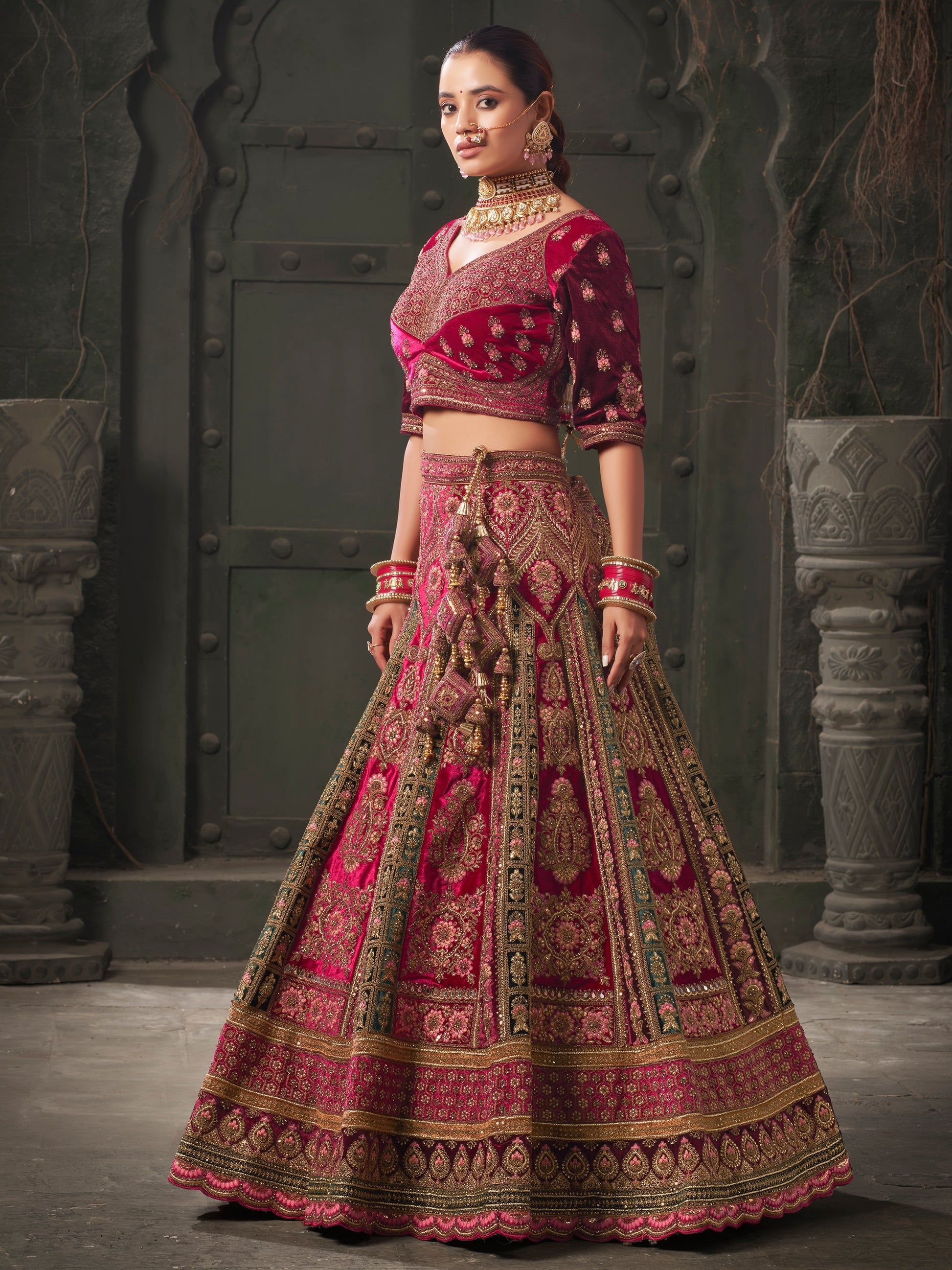 Sequin and stone work detail on lehenga choli fabric